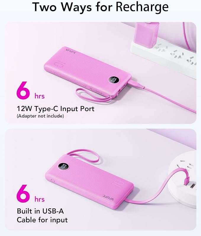 VRURC Portable Charger Power Bank, Built-in 4 Cables & 2 Ports 10000mAh | LED Display Slim Battery Pack,Compact Travel Essential Portable Phone Charger 5 Output for Multi Devices,Student/Teens(1Pack) - Image 6