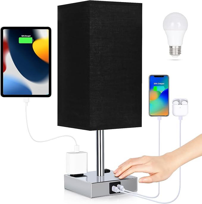 Bedside Lamp with USB Ports - Touch Control Table Lamp for Bedroom with USB C+A Charging Ports & AC Outlets, 3 Way Dimmable Nightstand Light for Living Room (Bulb Included, Black) by Soilsiu