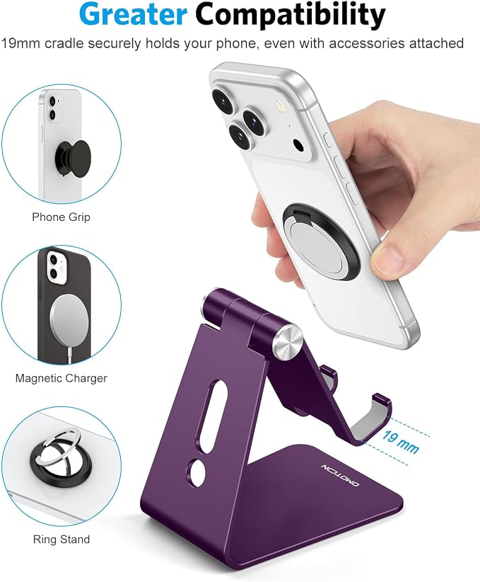 OMOTON C2 Adjustable Cell Phone Stand with Charging Cutout, Deep Purple | Sturdy 3mm Aluminum, Charging Port, 270° Adjustable, Non-Slip Silicone Pads, Works with Thick Cases, for All Smartphones - Image 5