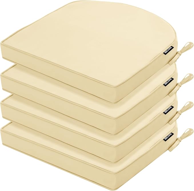 Outdoor Chair Cushions Set of 4, 17 x 16 Inch Waterproof Seat Pads | 3 Year Color Fastness Thick Patio Chair Cushion with Ties for Garden Lawn Sofa Couch, Beige by COMCAVER