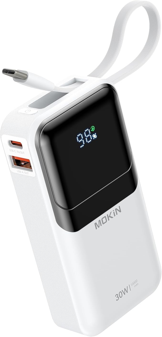MOKiN Portable Charger, 10000mAh 30W Power Bank Fast Charging, Phone Battery Pack with Built in Cable, 4 Outputs, Travel Compact Powerbank USB C for iPhone iPad Pro MacBook Air Samsung by MOKiN