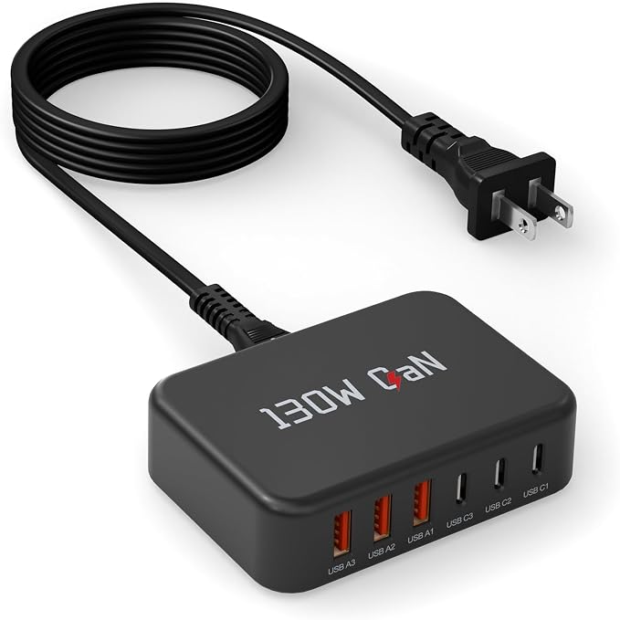 130W USB C Charger Block GaN 6 Port Fast USB C Charging Station for Galaxy | Power Strip Adapter Plug for Galaxy S26 S25 S24 S23 S22+/iPhone 17/16 Series, iPad, Pixel, and More,5ft Power Cord-Black by Unknown