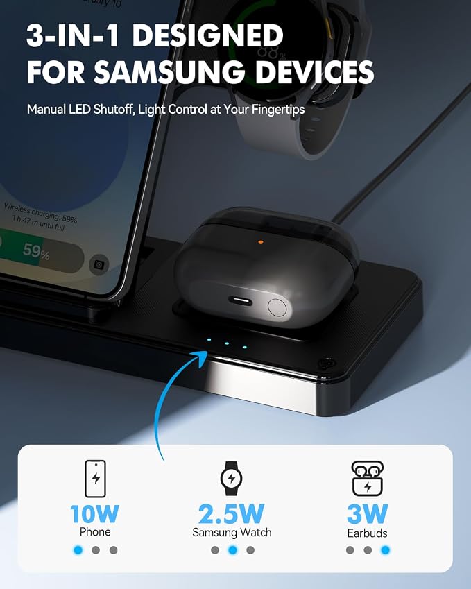 3-in-1 Charging Station for Samsung, Foldable Wireless Charger Stand | Android Phone and Watch Charger for Samsung S26/S25/S24/S23/S22/S21, Note 20/10, Z Fold 6/5, Galaxy Buds and Watch-Black - Image 7