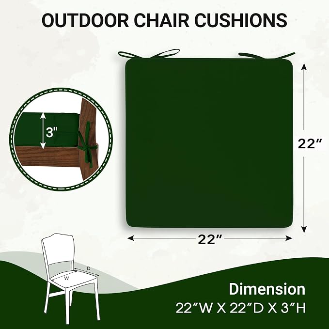 downluxe Waterproof Outdoor Chair Cushions for Patio Furniture, 22" x 22" x 3" Patio Chair Cushion with Non-Slip Ties & Portable Handle, Forest Green, 2 Pack - Image 5