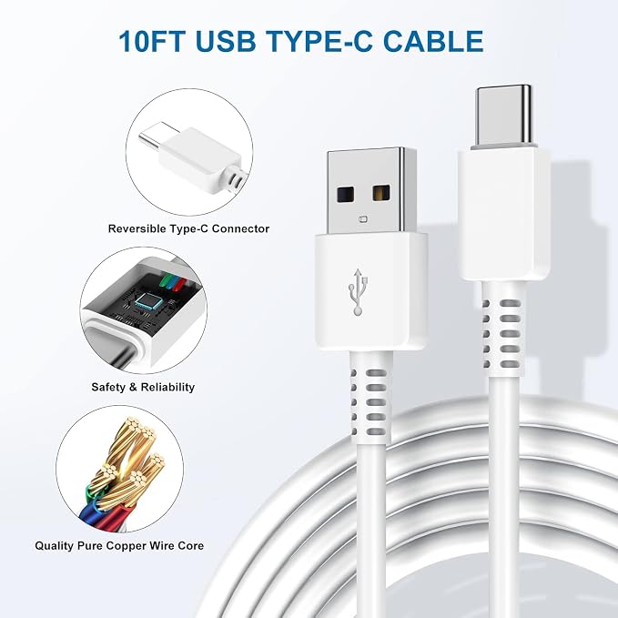Type C Charger Fast Charging, 2Pack USB C Android Phone Charger&10ft Cables | Wall Charger Blocks &2x 10ft USB-C cables for Samsung Galaxy S8/S9/S10 Plus/S10e/S20/S21 Ultra/Plus, Note 8/9/10,Pixel3 White - Image 4