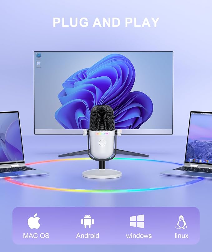 Gaming Microphone with Noise Cancellation & Mute Button, USB Condenser Mic for Streaming/Recording, Ultra-Compact Design, Compatible with PC/Mac/PS4/PS5, Podcast/YouTube/Twitch/Discord (White) - Image 5