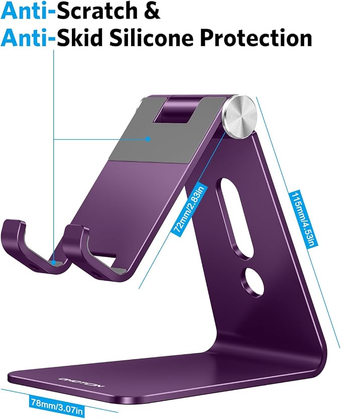 OMOTON C2 Adjustable Cell Phone Stand with Charging Cutout, Deep Purple | Sturdy 3mm Aluminum, Charging Port, 270° Adjustable, Non-Slip Silicone Pads, Works with Thick Cases, for All Smartphones - Image 3