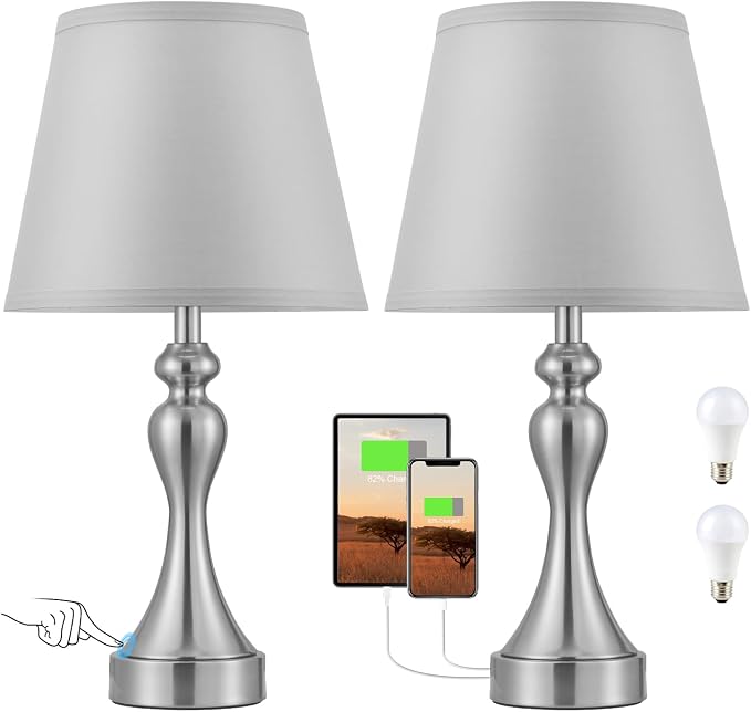 Touch Lamps for Nightstand, 3 Way Dimmable Bedside Lamps with USB C+A Ports | Touch Control, LED Bulb Included, Small Silver Table Lamp for Bedroom, Night Stands, End Table, Gift，Corded，Grey Shade - Image 9