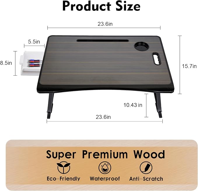 Amaredom Laptop Bed Desk Tray Bed Table, Foldable Portable Lap Desk with Storage Drawer and Cup Holder for Eating Breakfast on Bed/Couch/Sofa-Black - Image 5