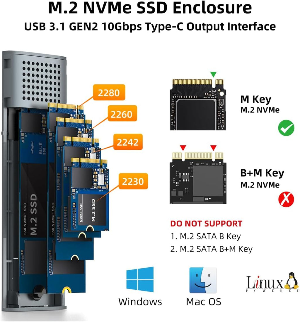 MAIWO M.2 NVMe SSD Enclosure, USB 3.1 GEN2 10Gbps Tool Free USB C to M.2 NVMe SSD Adapter Reader Case, Support UASP Trim, 8TB Capacity, Aluminum - Image 2