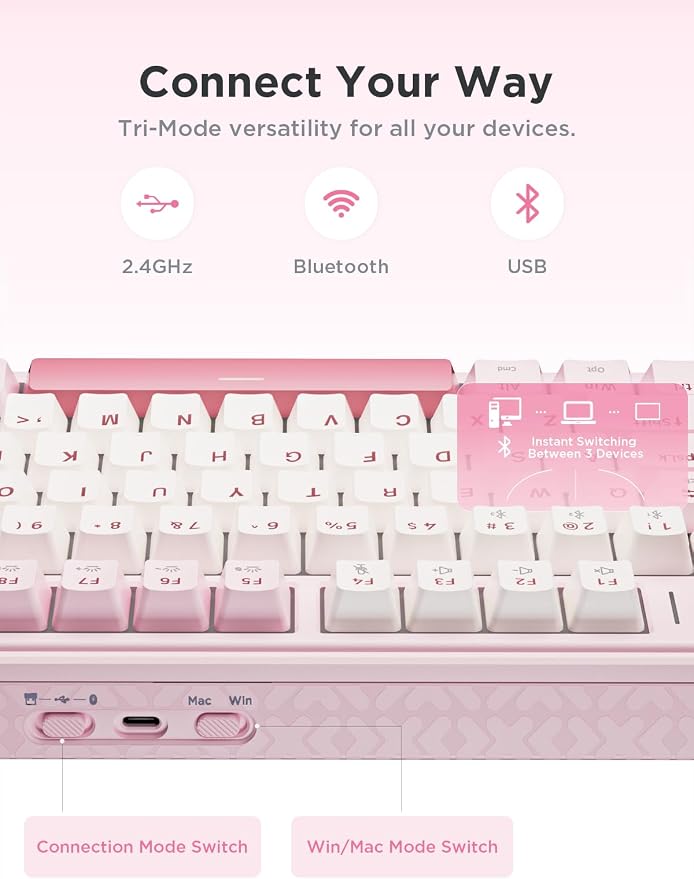 wegear 75% Compact Mechanical Keyboard with Knob for PC/Mac/Laptop-Pink | Hot-Swappable Linear Switch, Tri-Mode Bluetooth/2.4G Wireless/USB-C Wired, Gasket Gaming Keyboard, PBT, RGB Backlit, 79 Keys - Image 6
