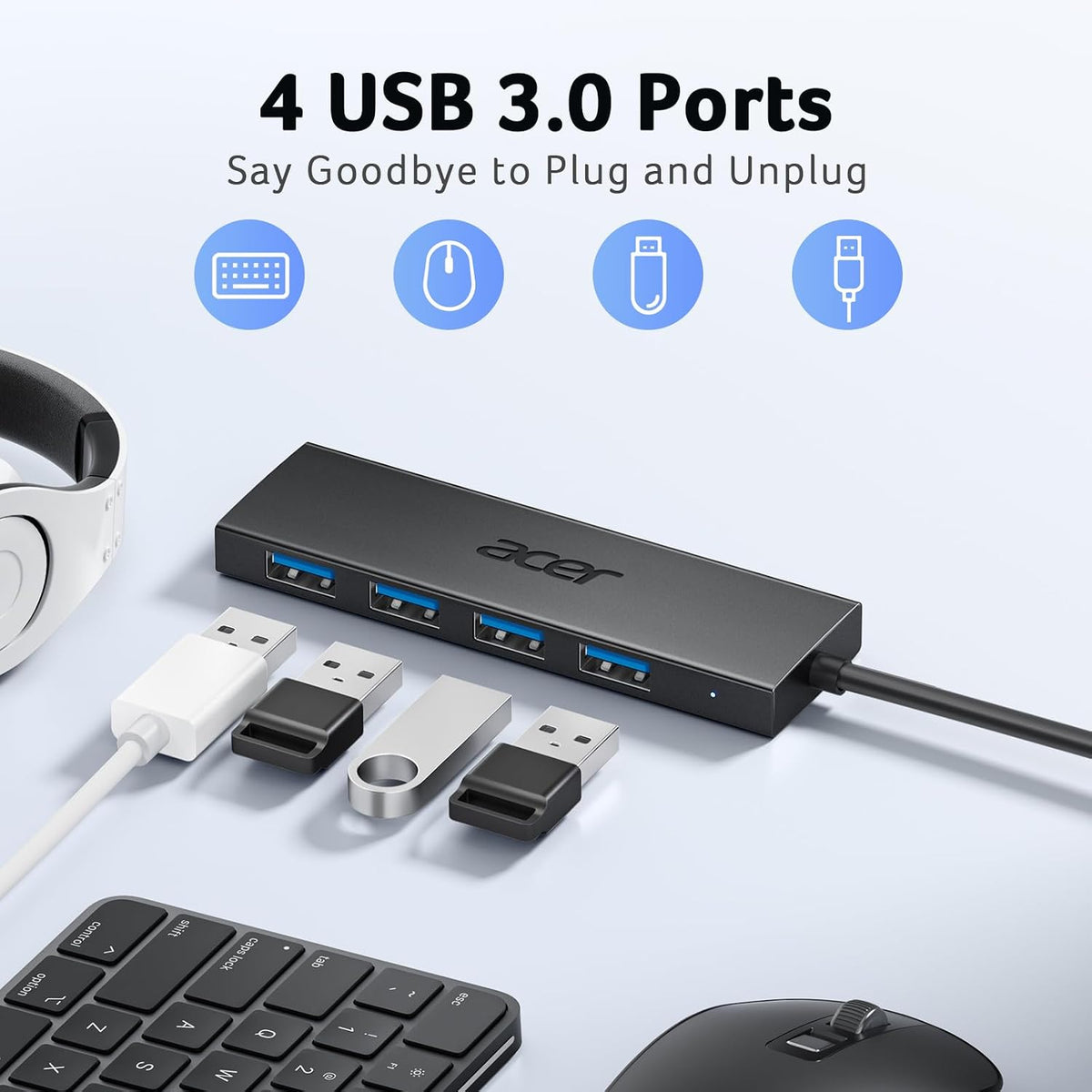 Acer USB Hub 4 Ports, Multiple USB 3.0 Hub, USBA Splitter for Laptop/PC 2FT - Image 2