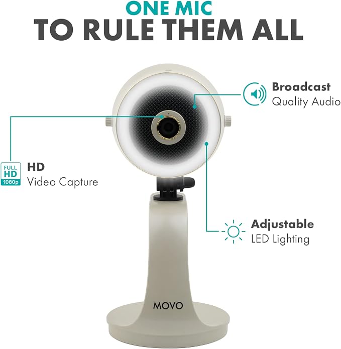 Movo WebMic HD Pro All-in-One Webcam with Mic and Ring Light in Pearl White- 1080p HD Camera, Pro Cardioid Condenser Microphone, LED Ring Light -HD Webcam For Streaming, Video Calls, Recording, Gaming - Image 3