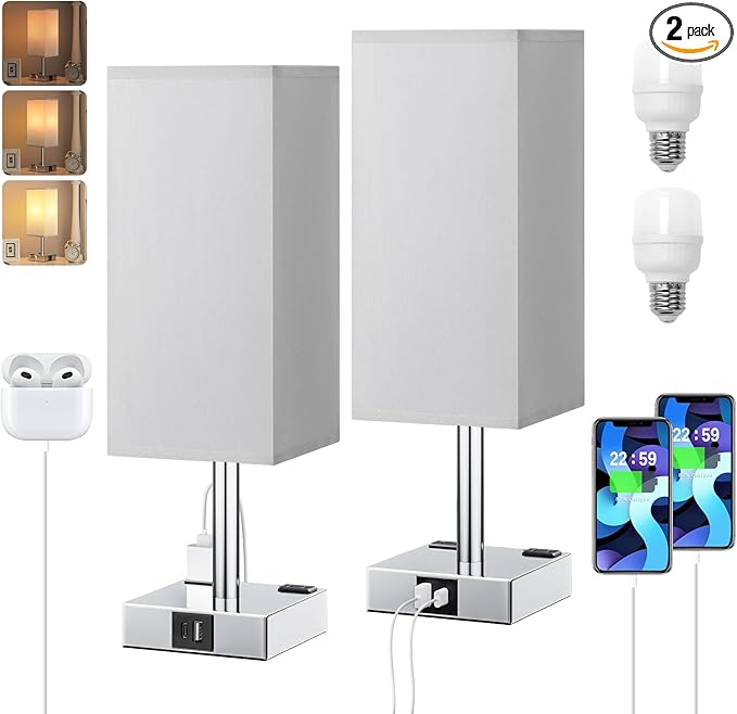 Set of 2 Grey Touch Table Lamp for Bedroom, Dimmable, USB C+A, 2 AC Outlets | 3-Way Dimming, 3000K Bulb Included, Square Grey Lampshade and Silver Base, Desk Lamp for Nightstand, Living Room, Dorm by Aooshine
