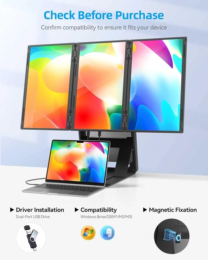 15.6" Quad Laptop Screen Extender,FHD 1080P Double Portable Monitor with 30" Combined Display(Landscape/Portrait),One-Cable Connection and Driver Required,Compatible with Wins & Mac(M1/M2/ M3/M4/M5) - Image 2