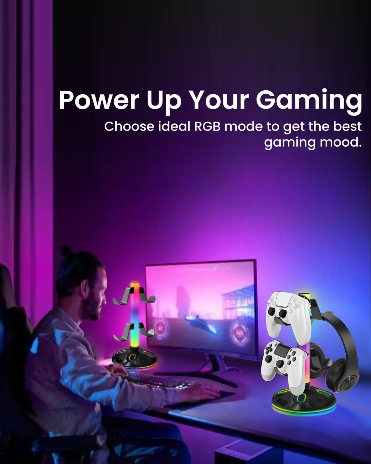 RGB Headphone Stand for Desk, Innovative Headset Stand with 9 Light Modes - Controller Holder with USB Charging and Type-c Port, Gamepad Earphone Accessories (Black) - Image 8
