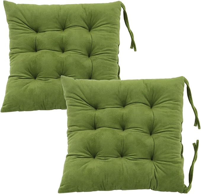2 Pack Square Seat Cushion Chair Pads for Kitchen Dining Chairs, Soft Comfort Velvet Chair Mat Pillow Cushions with Ties for Office Desk Living Room Tatami 15.5", Green by MissSoul