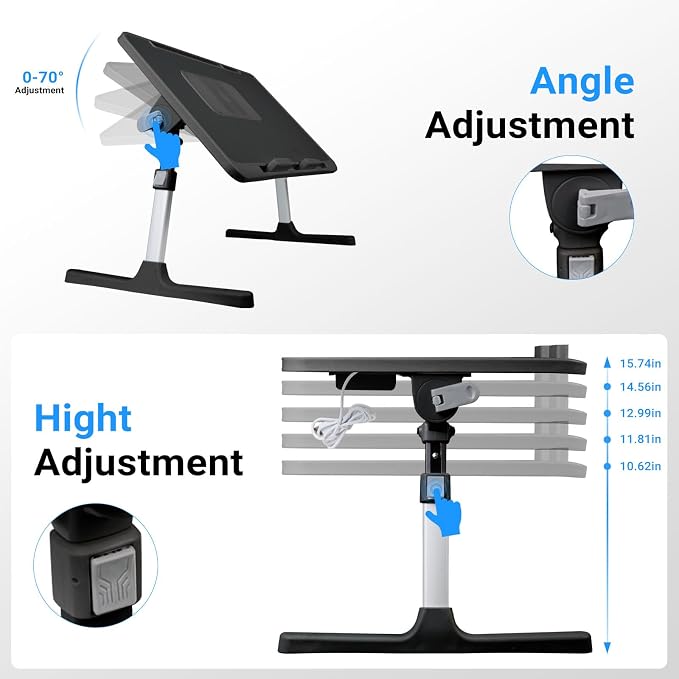 Adjustable Laptop Lap Desk with Cooling Fan USB Light for Adults 60 * 40cm,Black - Image 2