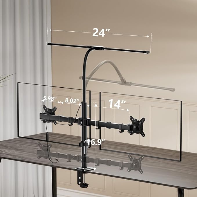 Dual Monitor Stand with LED Desk Lamp,Dual Monitor Mount for Desk Holds up to 30 Inches Screens, Supports 19.84 lbs per Monitor Arm, Swivel, Rotate and Tilt 2 Monitor Desk Mount - Image 7
