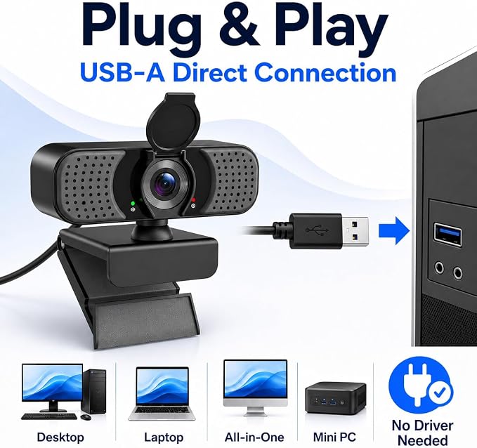 1080P Webcam with Microphone, USB Camera for PC and Laptop, Privacy Cover | For meetings, remote work, classes, streaming, and video calls; includes 105° wide view, privacy cover, and mini tripod - Image 6