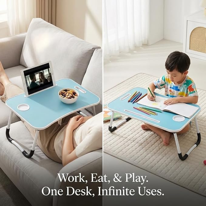 BUYIFY 23" Foldable Lap Desk for Laptop Writing w/Cup Holder Blue | Sturdy and Durable, Laptop Bed Desk with Tablet Slot, No Assembly, Space Saving for Bed Couch Dorm WFH Students - Image 6