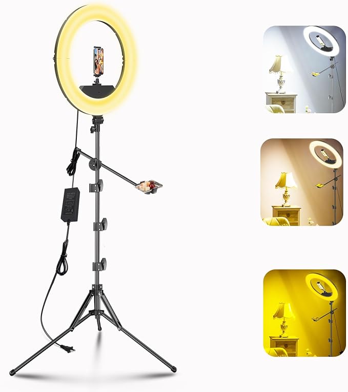 55W18 45cm Ring Light Kit [New Version] 6700K Dimmable LEDRinglightTripod Stand Dual Phone Holder for iPhone Selfie Makeup LashTattoo Studio Lighting Painting,Photo Video Recording (Black) - Image 8