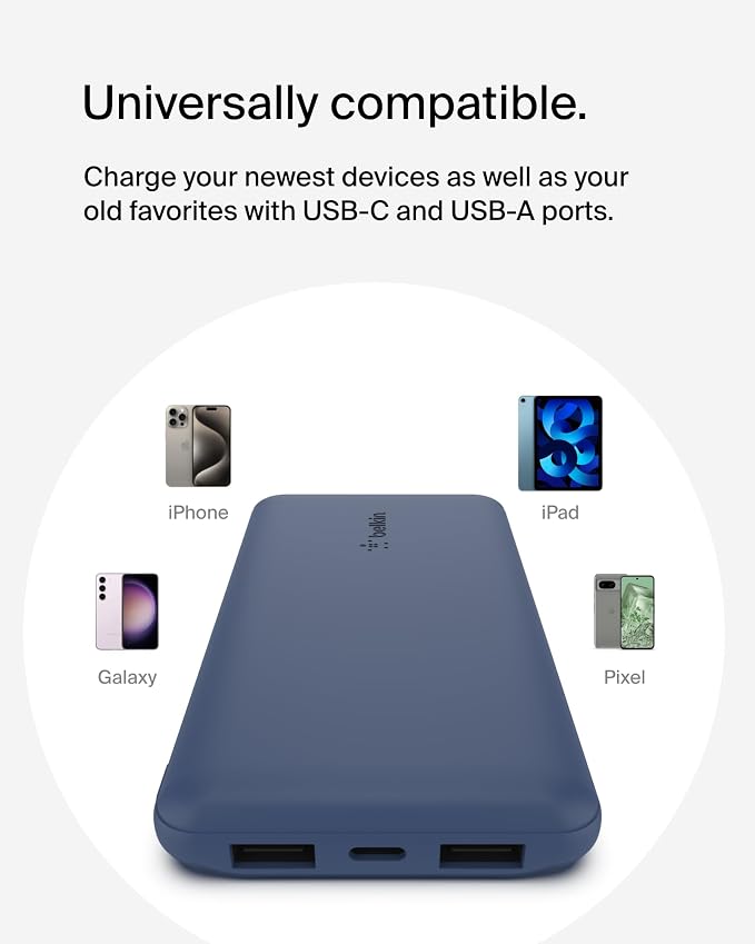 Belkin 10000mAh 15W 3 Port Power Bank, USB A to USB C Cable Included | Fast Charging, iPhone 17, Samsung Galaxy, Pixel, Airpods, iPad, Nintendo Switch 2, Battery Pack, USB C Port, USB A Port - Image 7