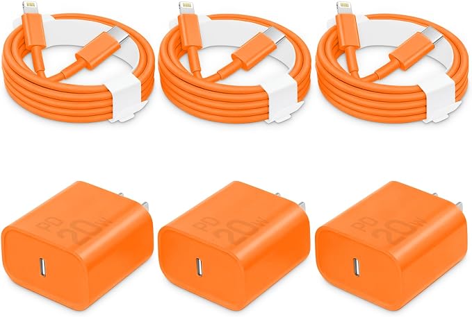 20W Fast Charger for iPhone 14/13/12 [3-Pack, MFi Certified] | USB-C PD power adapter with 6Ft cable, compatible with iPhone 14/13/12/11/Pro Max/Pro/Plus/Mini, iPad & more - Orange by CXX