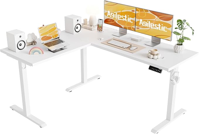 Agilestic L Shaped Electric Standing Desk Adjustable Height, 59 Inch, White | Electric Height Adjustable, Spacious Corner Desktop, Sturdy Steel Frame, Memory Presets, 176 lbs, Splice Board by Agilestic