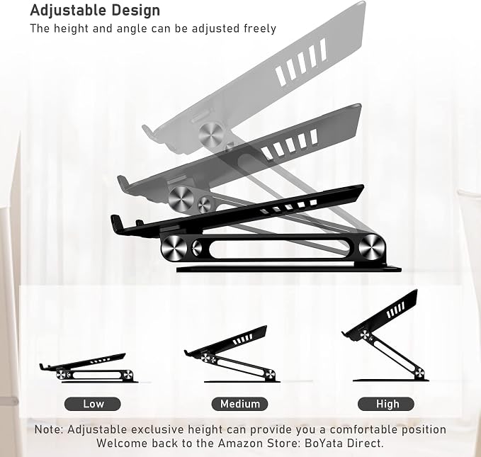 BoYata Laptop Stand, Adjustable Metal Desktop Riser, Up to 15 Inches, Black | Slide-Proof Silicone Pads and Protective Hooks Provide Stable Support for MacBook, Notebooks and Laptops up to 15 Inches - Image 3