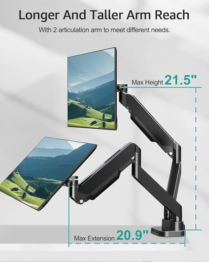 MOUNT PRO Dual Monitor Desk Mount for 39" Ultrawide Screen up to 33lbs, Heavy Duty Monitor Arm Double Gas Spring Arms for 2 Monitors, Adjustable Computer Monitor Stand with USB, VESA 75x75 100x100 - Image 4