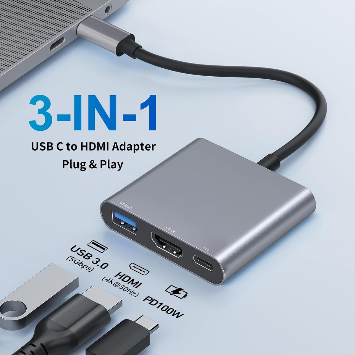 USB C to HDMI Adapter, Type-C Hub Converter to 4K HDMI Output, USB 3.0 Port & 100W PD Fasting Charging Port, USB-C Digital AV Multiport Adapter for MacBook Pro/Air, iPad Pro and More USB-C Devices - Image 3