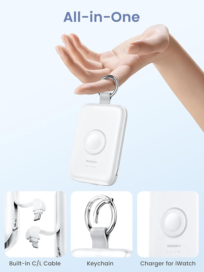 RORRY CharmGo Portable Charger, 10000mAh 20W Fast Charging Power Bank | Built-in Cables, Travel Keychain Battery Pack Essentions for Apple Watch 1~11 Series/Ultra/SE & iPhone Air/17/16/15/14/13/12 - Image 2