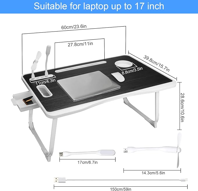 Laptop Bed Table, Laptop Desk for Bed, Foldable Laptop Bed Desk with USB Charge Port, Handle, Desktop Card Slot, Cup Slot, Side Drawer, Portable Laptop Table for Bed Eating Reading Working - Image 4