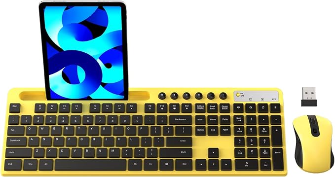 Wireless Keyboard and Mouse Combo, MARVO 2.4G Ergonomic Wireless Computer Keyboard with Phone Tablet Holder, Silent Mouse with 6 Button, Compatible with MacBook, Windows (Yellow) by MARVO