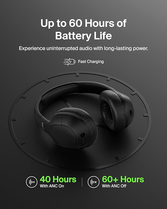 Belkin Isolate Over-Ear ANC Headphones, CloudCushion, 60H | Hybrid active noise cancelling, Bluetooth 5.4, foldable, multipoint, travel, home, office, USB-C and 3.5mm cable - Image 5