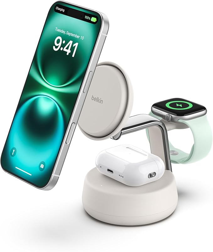 Belkin Qi2.2 25W Wireless Fast Charging Station, 3 in 1 iPhone Charger | Fast Charging, MagSafe Compatible, iPhone 17/16/15, Apple Watch, AirPods, Travel Charger, Magnetic by Unknown