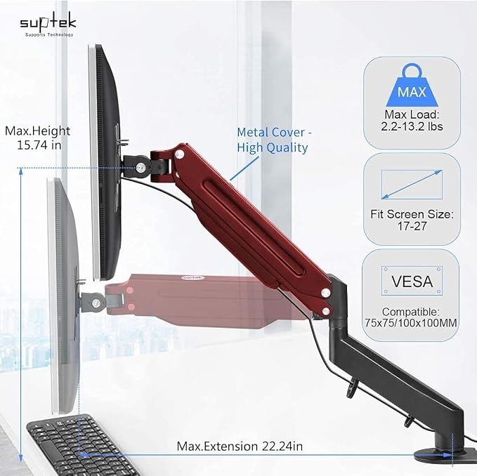 Suptek Single Monitor Arm Fully Adjustable for 17-34-35 Inch Screens | VESA Monitor Mount with Quick Install, Computer Monitor Stand for 32” Monitors, Desk Monitor Mount Holds 24lbs, VESA 75/100mm - Image 7