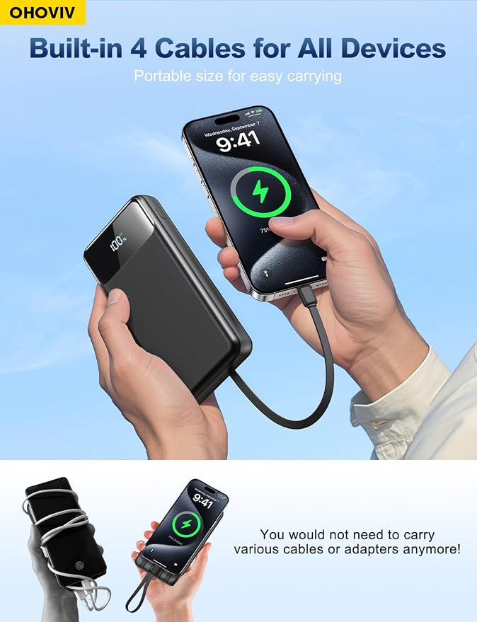 OHOVIV Portable Charger Power Bank 50000mAh,4 Built-in Cables Battery Pack | 22.5W Fast-Charge,55% in 30mins,10 Times for iPhone 15,Camping Travel Essential,Compatible with iPhone17/16/15,Samsung,Tablet - Image 5