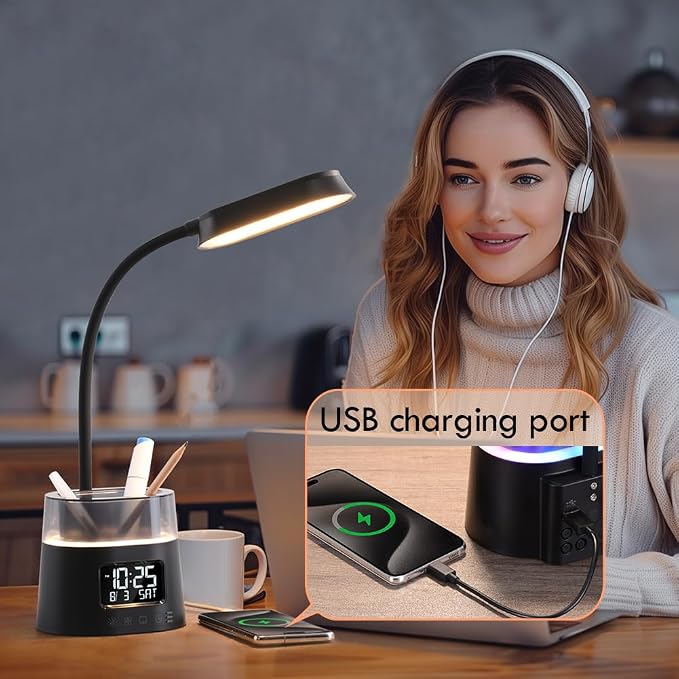 WILIT LED Desk Lamp, Dimmable Study Lamp for Home Office Accessories, Black | Table Lamp with Pen Holder & Clock, USB Charging Port, RGB Night Light, Bedroom & College Dorm Room Essentials for Boys Girls - Image 9