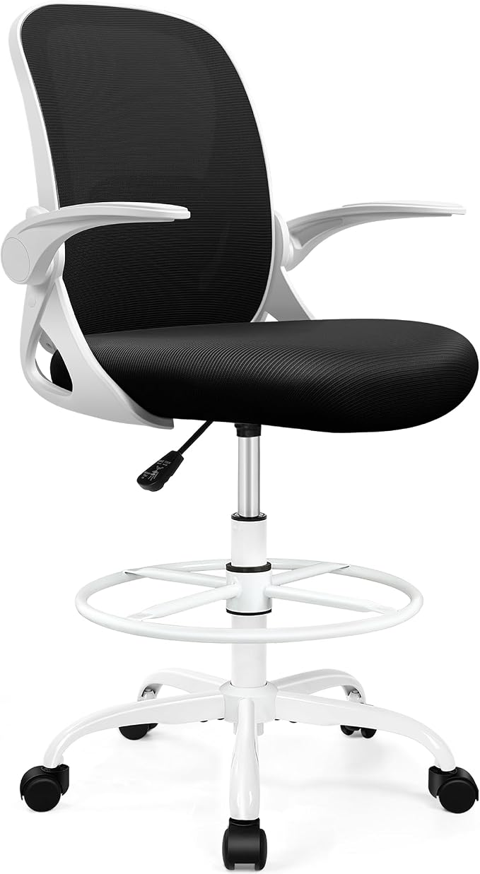 Drafting Chair Tall Office Chair with Flip-up Armrests, Adjustable Height, and Enhanced Lumbar Support - Ergonomic Rolling Stool, Back Support, and Adjustable Foot Rest Ring for Standing Desk White - Image 8