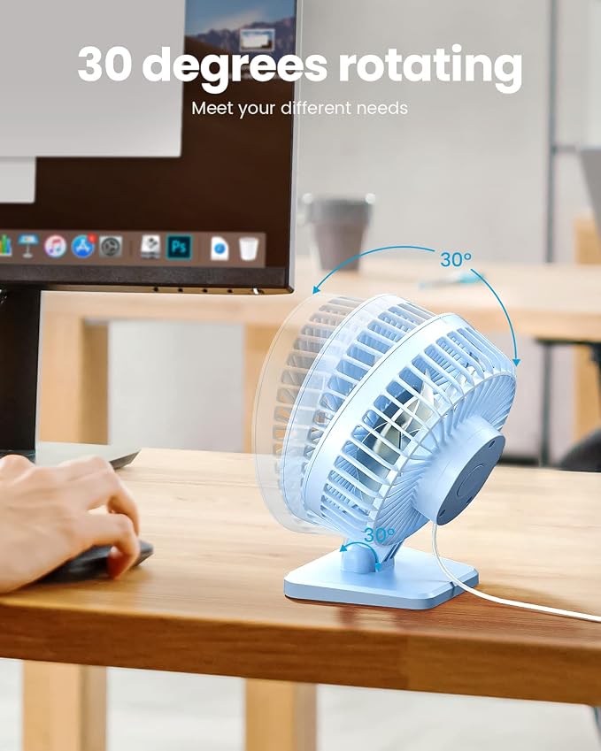Gaiatop USB Desk Fan, Personal Portable Quiet Small Table Desktop fan | Powerful Mini 3 Speeds, Adjustable Head, for Cooling Home Office Car Summer Travel Gifts Light blue - Image 4