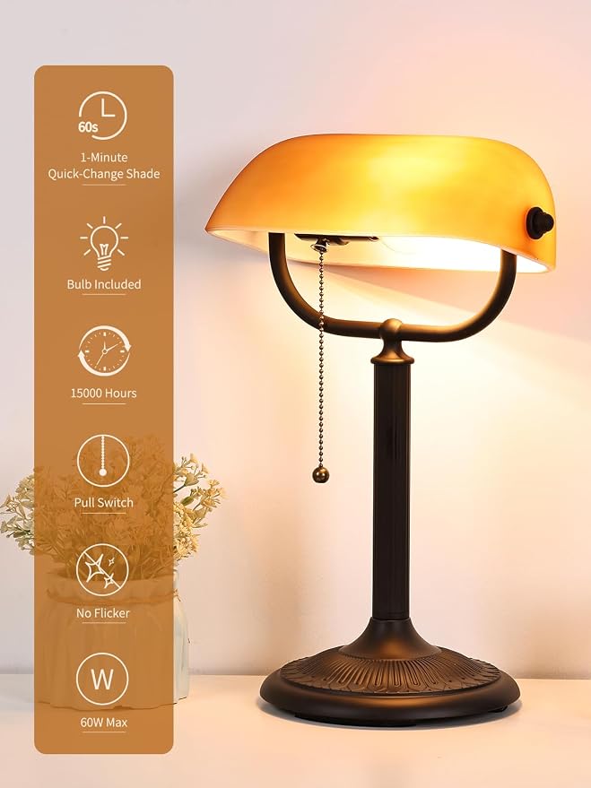 1-Minute Quick-Change Shade Matted Amber Glass Bankers Desk Lamp | Antique Plug in Fixture for Study Office Library,LED Bulb Included - Image 4