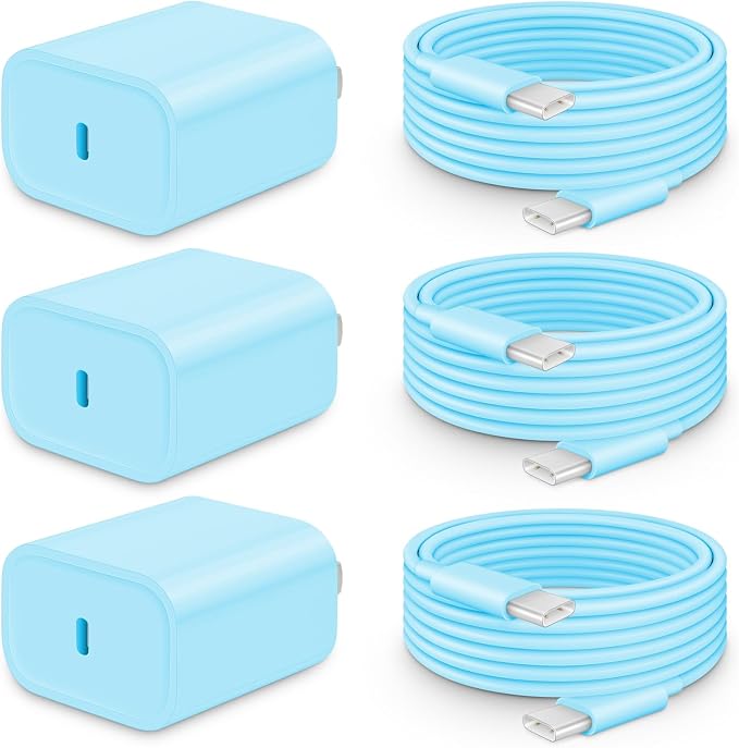 20W Fast Charger for iPhone 17/16/15 with 6FT Cable [3-Pack] - Blue | USB-C Wall Charger & C-to-C Cable, Compatible with iPhone 17/16/15 Series, USB-C iPad Pro/Air/Mini & More by CXX