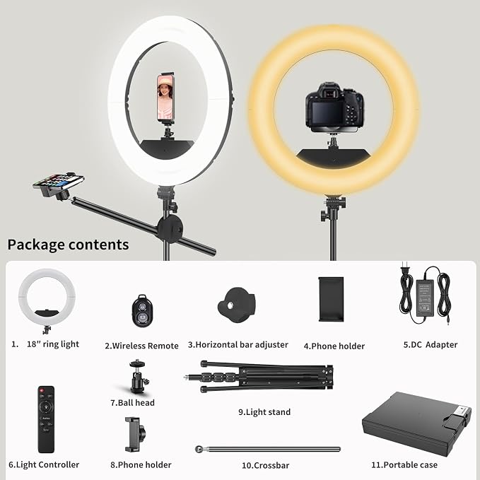 18 in Ring Light with Stand, Professional Ring Light Novice Set, Dual Phone Holder for Makeup Lash Tattoo Selfie Video Shooting - Image 5