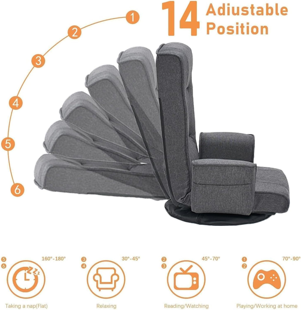 360° Swivel Floor Chair for Adults, 14-Position Adjustable Folding Floor Lounger with Armrests for Reading, Gaming & Relaxing - Image 6