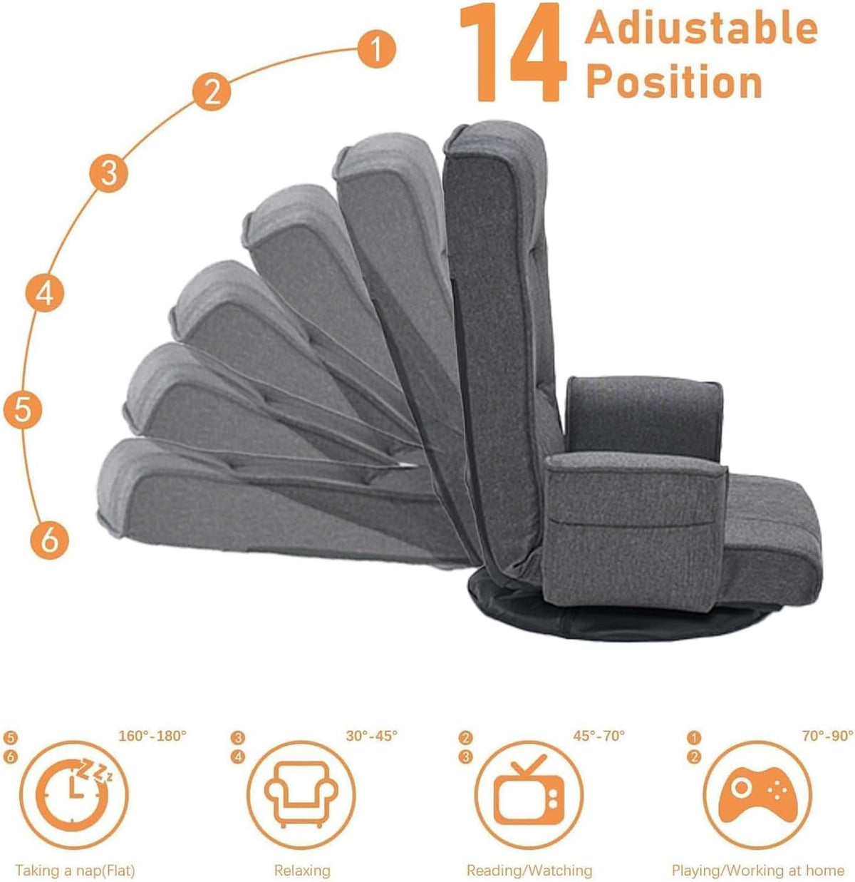 360° Swivel Floor Chair for Adults, 14-Position Adjustable Folding Floor Lounger with Armrests for Reading, Gaming & Relaxing - Image 6