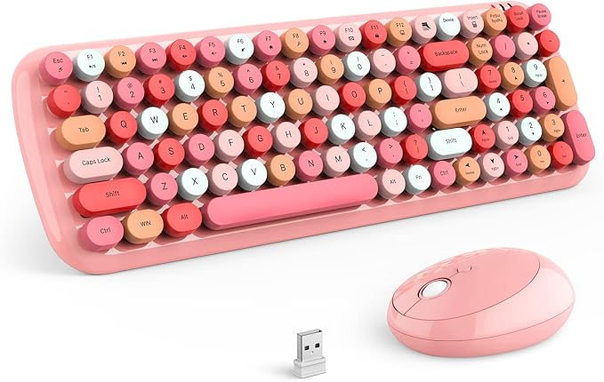 MOFII Wireless Keyboard and Mouse Combo, 2.4GHz Retro Typewriter Keyboard and Cute Mouse for Computer PC Desktops Laptop Windows(Pink Mix) by MOFII