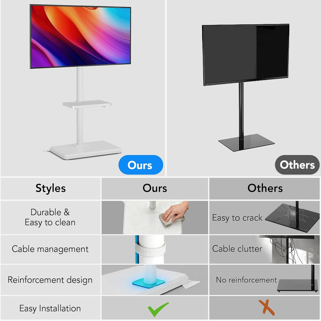Floor TV Stand with Mount for 26-60 inch TVs up to 77 lbs, Height Adjustable Swivel Tilt TV Stand with Wood Base & Shelf, Saving Space Design for Bedroom, Living Room and Corner, White - Image 5