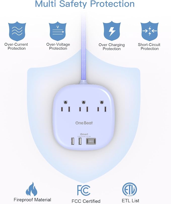 Cruise Ship Travel Essentials, 22.5W/4.5A Flat Plug Power Strip, Purple | 6Ft Extension Cord, 3 Outlets 4 USB Ports (2 USB C) Cruise Approved Power Strip No Surge Protection, Desktop Charging Station - Image 6